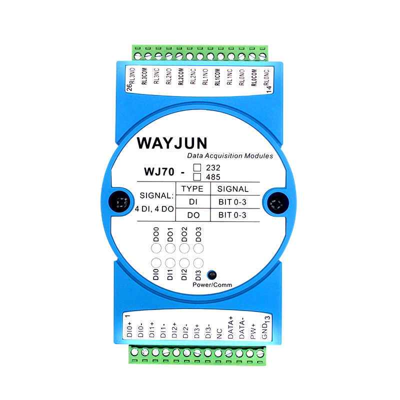 WJ70系列 四路DI四路繼電器輸出，RS-485/232數(shù)據(jù)采集遠(yuǎn)程IO模塊